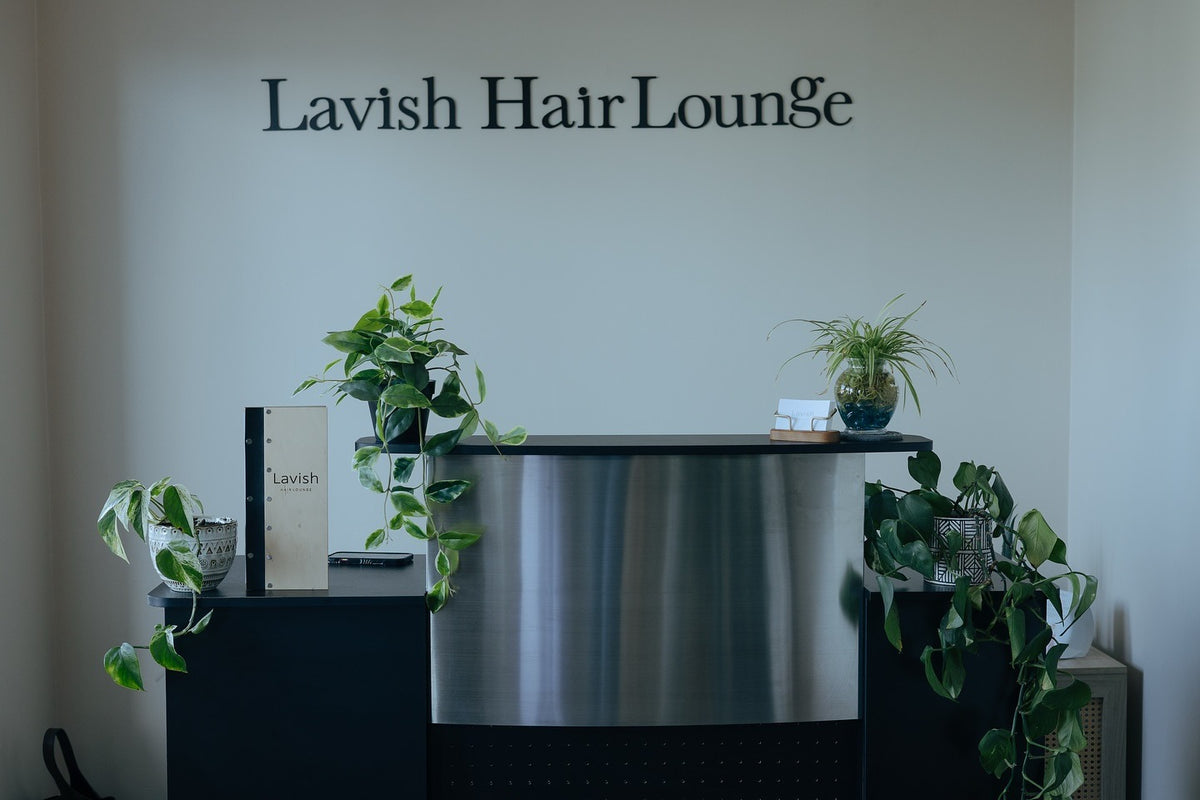 Lavish Hair Lounge front desk and salon sign, Westport MA