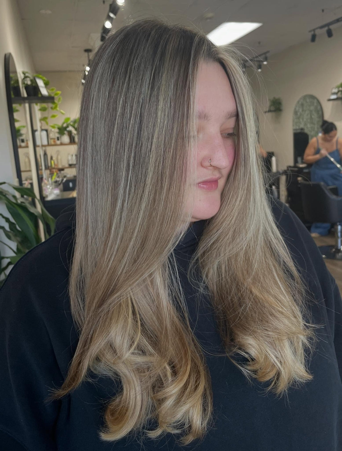 Ash blonde lived-in color finished in the salon at Lavish Hair Lounge, Westport MA