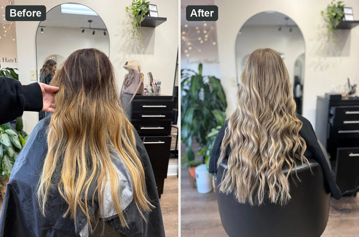 Before and after at Lavish Hair Lounge: grown-out blonde with dark roots and a hard line, then blended, dimensional blonde