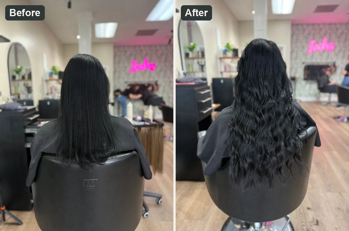 Before and after at Lavish Hair Lounge: shoulder-length dark hair, then long, full waves with extensions