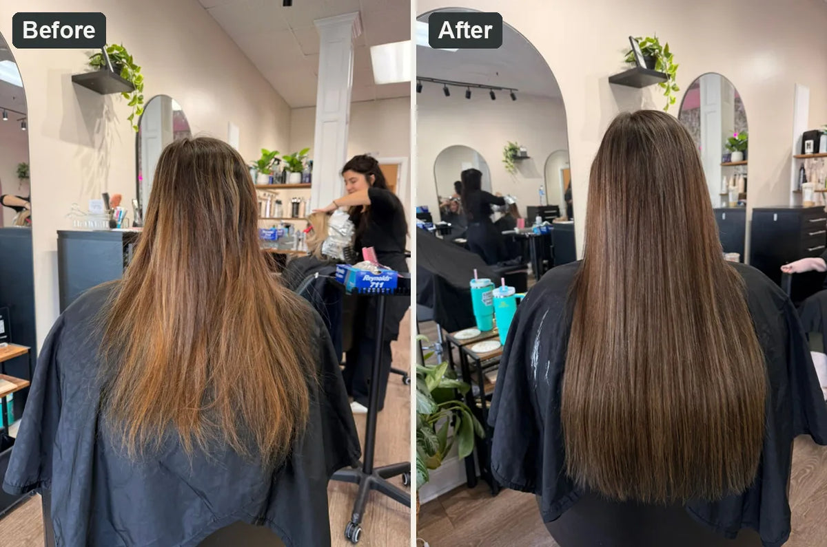 Before and after at Lavish Hair Lounge: brassy, uneven brown hair, then a rich, even brunette